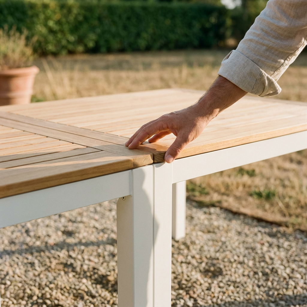 Main vérifiant l'assemblage d'une table de jardin en aluminium et eucalyptus avant un achat d'occasion