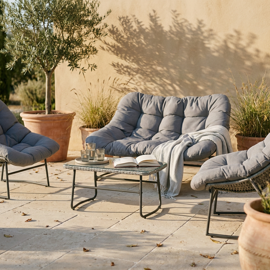 Salon de jardin d'occasion en résine tressée grise installé sur une terrasse en pierre en fin d'après-midi
