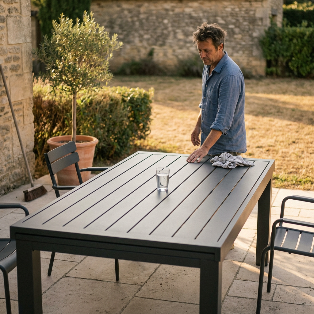 Couple vérifiant la planéité d'une table de jardin en aluminium avec un verre d'eau avant achat