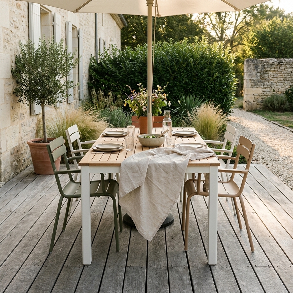 Table de jardin en bois et aluminium dressée pour un repas d'été sur une terrasse de campagne