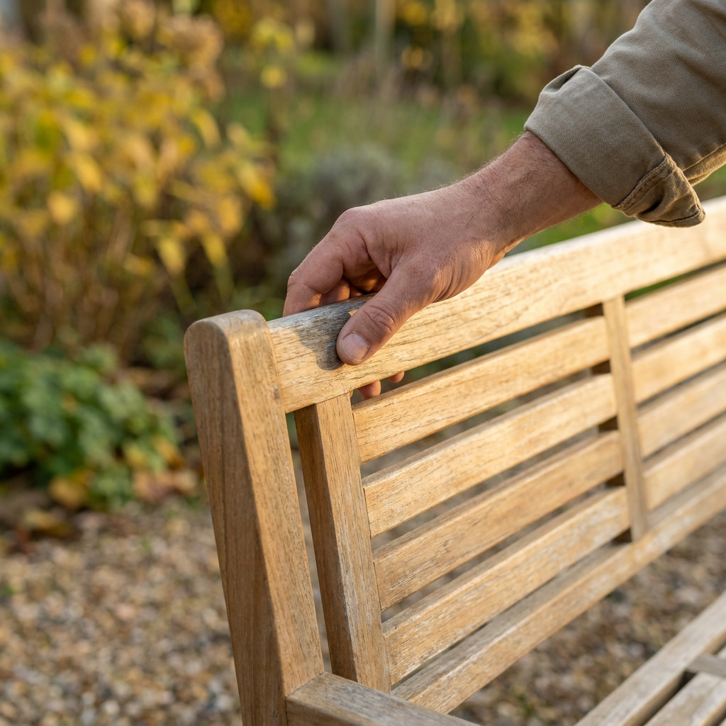 Main vérifiant l'état d'une latte de bois sur un banc de jardin en acacia, contrôle avant achat