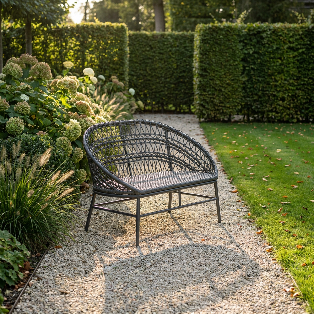 Banc de jardin en acier anthracite installé le long d'une allée de gravier, adossé à une haie taillée