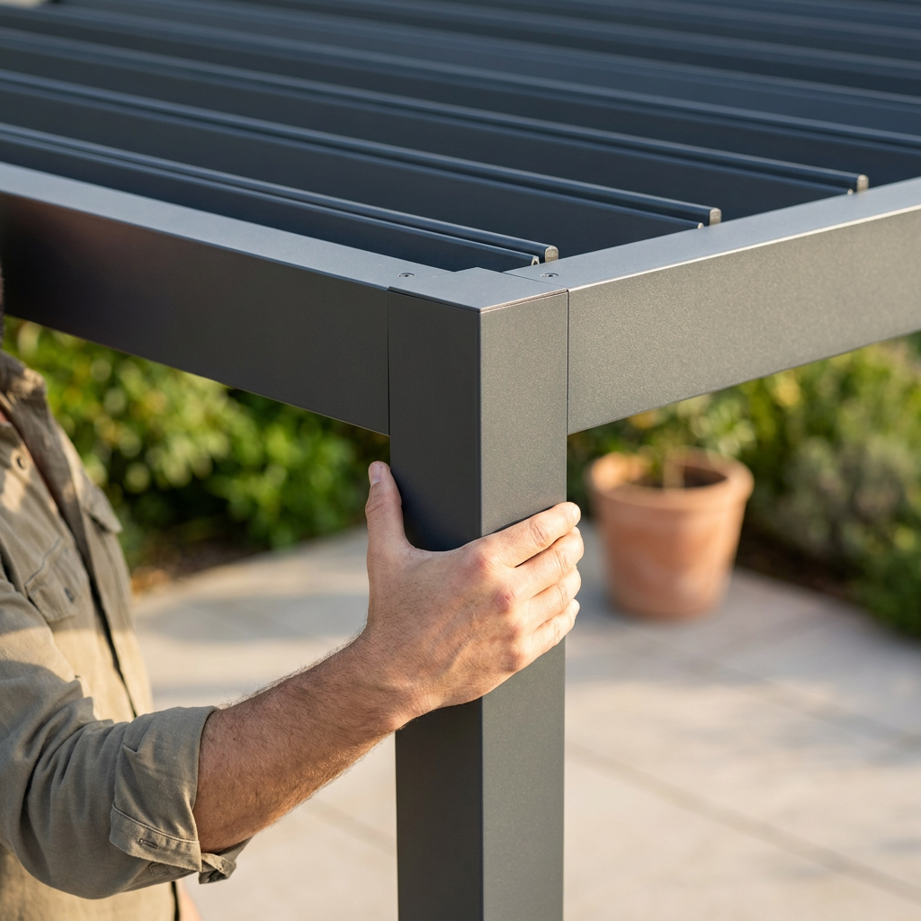 Main vérifiant l'assemblage poteau-poutre d'une pergola en aluminium, contrôle de la structure porteuse