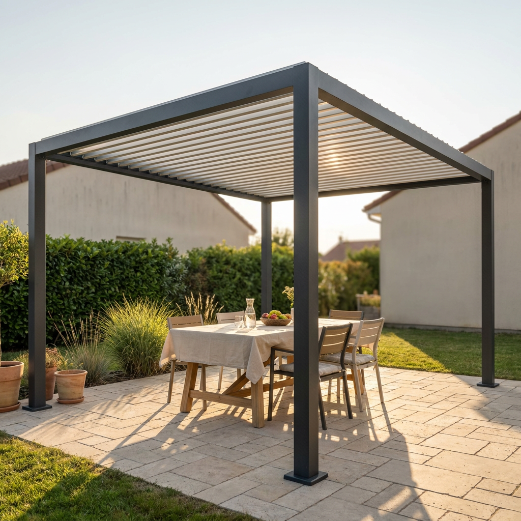 Pergola bioclimatique en aluminium anthracite installée sur une terrasse, coin repas d'été à l'ombre des lames