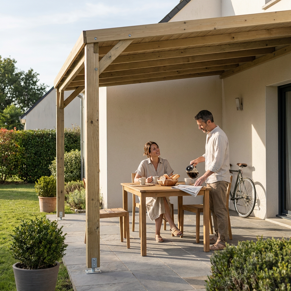 Couple prenant le petit-déjeuner sous une pergola adossée en bois fixée à la façade d'une maison
