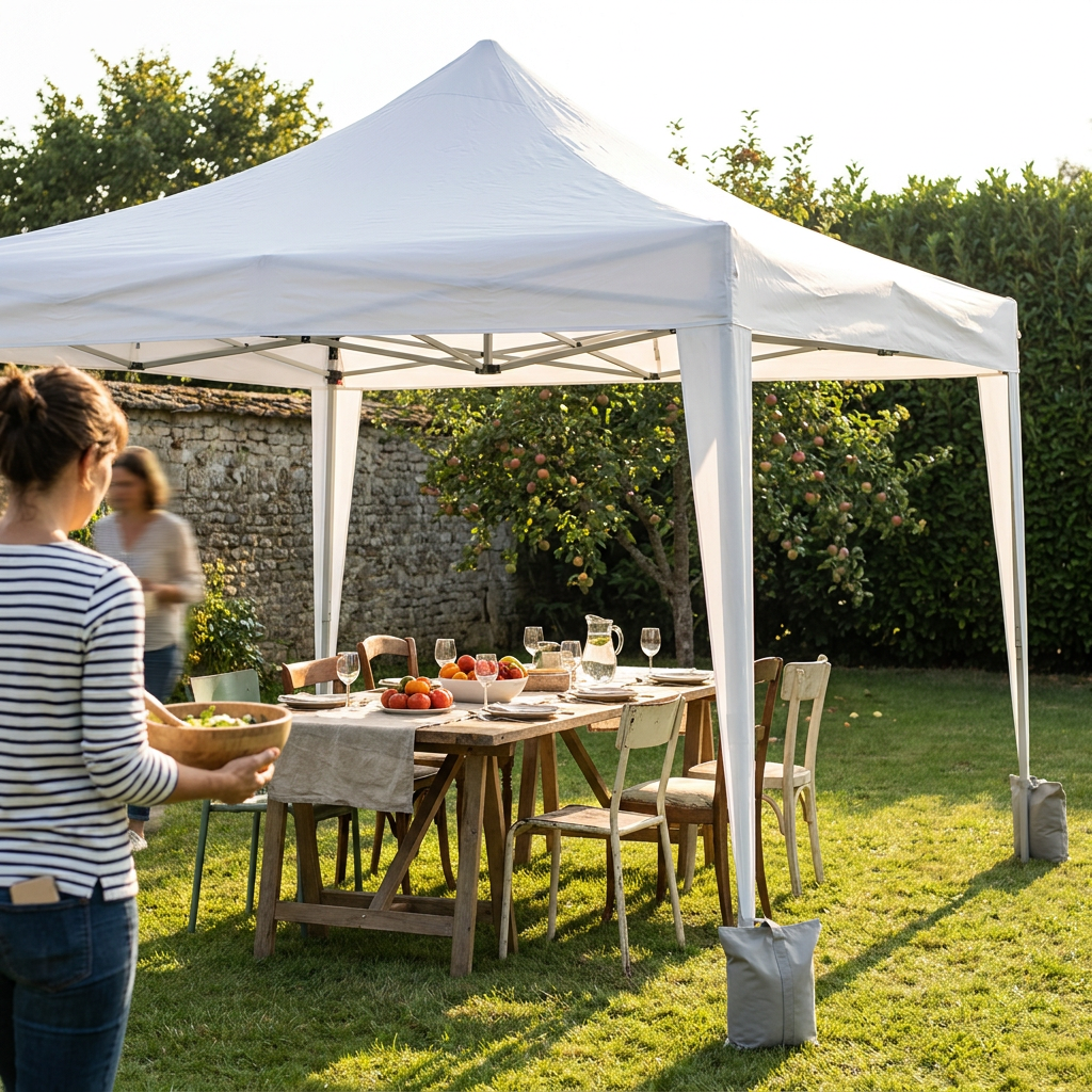 Tonnelle pliante blanche dressée sur la pelouse pour un repas de famille, modèle courant en occasion