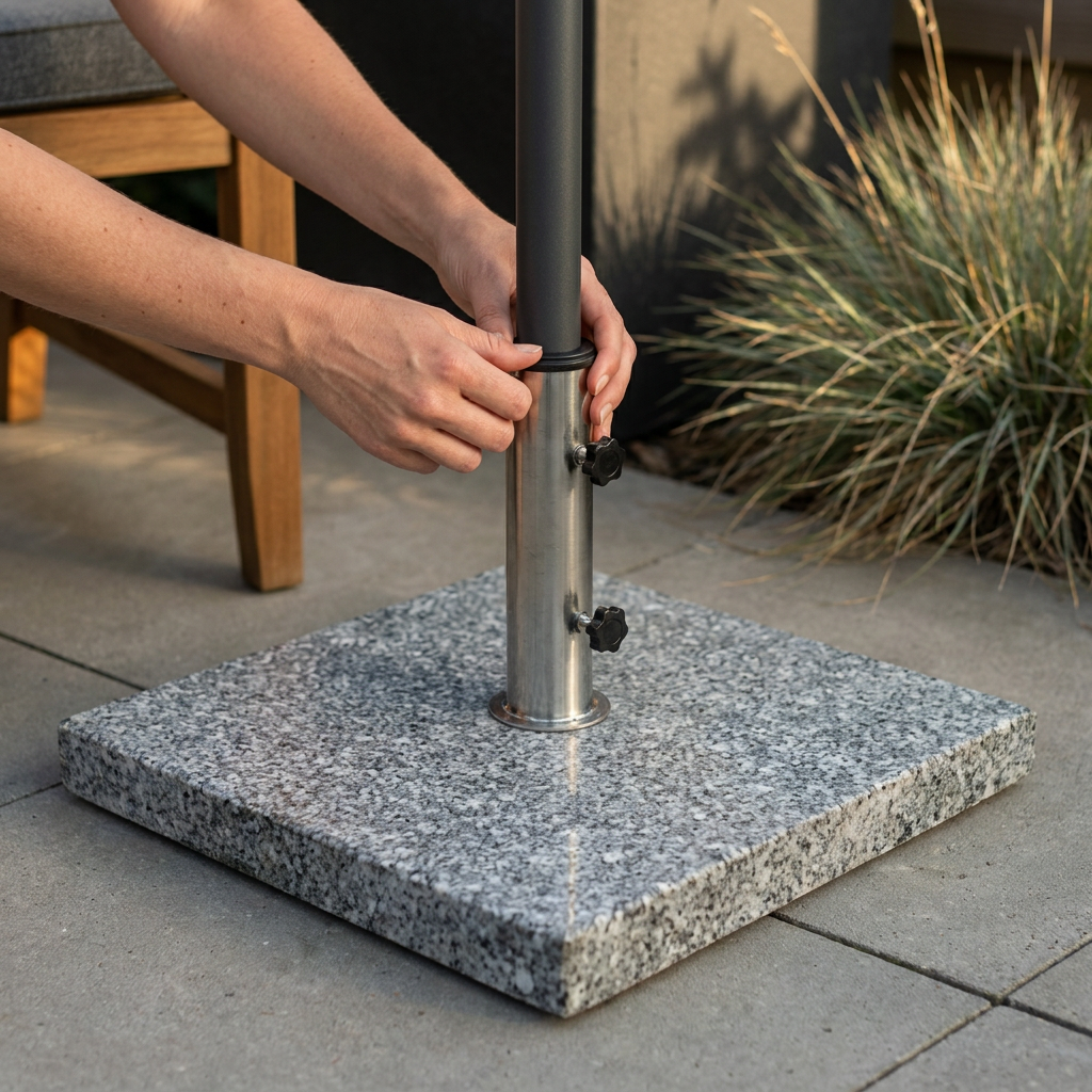Mains serrant la bague d'un pied de parasol lesté autour du mât, vérification du diamètre sur une terrasse