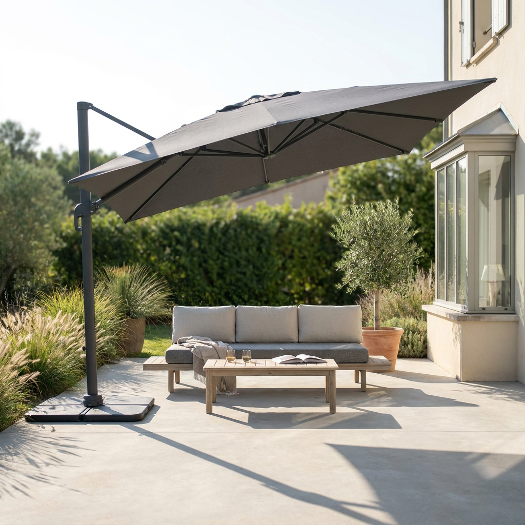 Parasol déporté gris ardoise ouvert au-dessus d'un salon de jardin bas sur une terrasse, en fin d'après-midi
