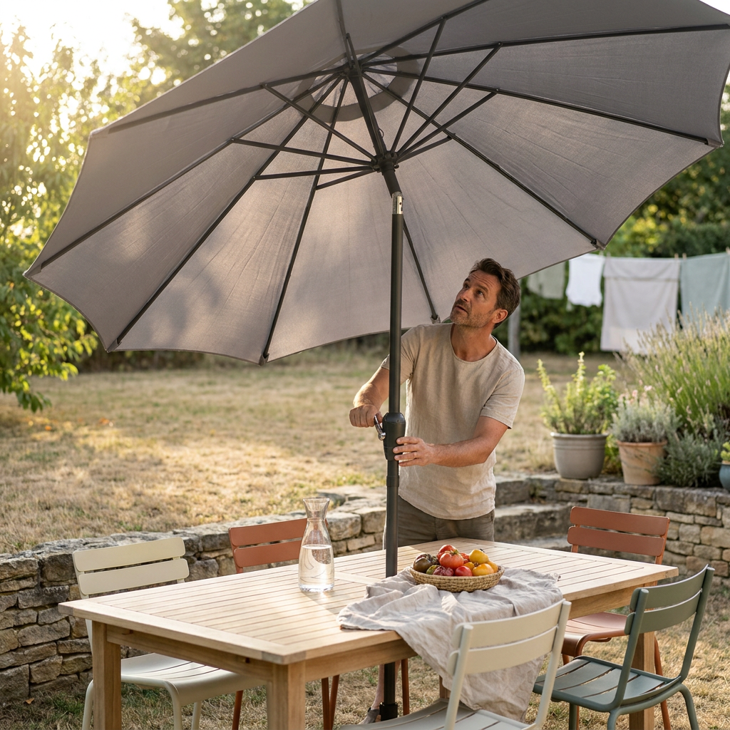 Homme actionnant la manivelle d'un parasol droit au-dessus d'une table de jardin, test du mécanisme avant achat