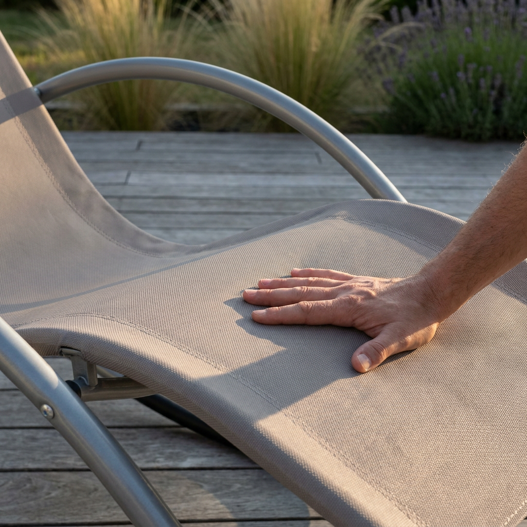 Main testant la tension de la toile textilène taupe d'un transat, contrôle clé d'un bain de soleil d'occasion