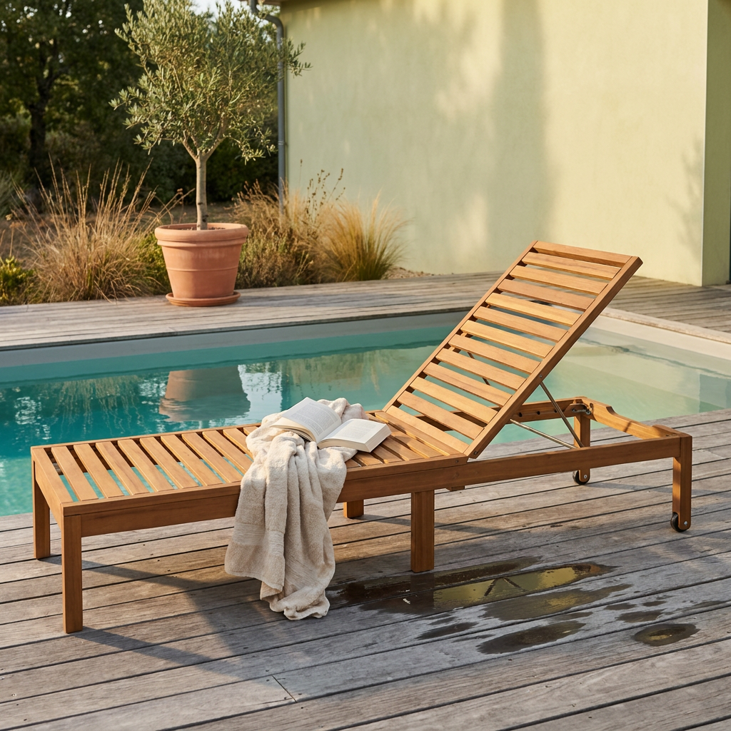Bain de soleil en bois d'eucalyptus à lattes installé au bord d'une piscine, transat d'occasion durable