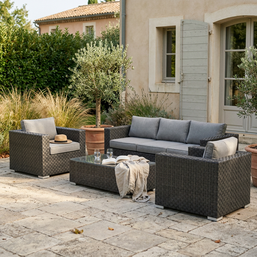 Salon bas de jardin OOGarden installé sur une terrasse en pierre, coin détente en fin d'après-midi