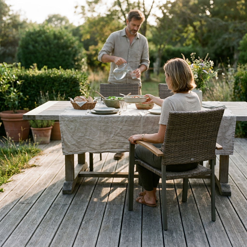 Repas de famille autour de fauteuils de jardin en aluminium empilables OOGarden sur terrasse en bois