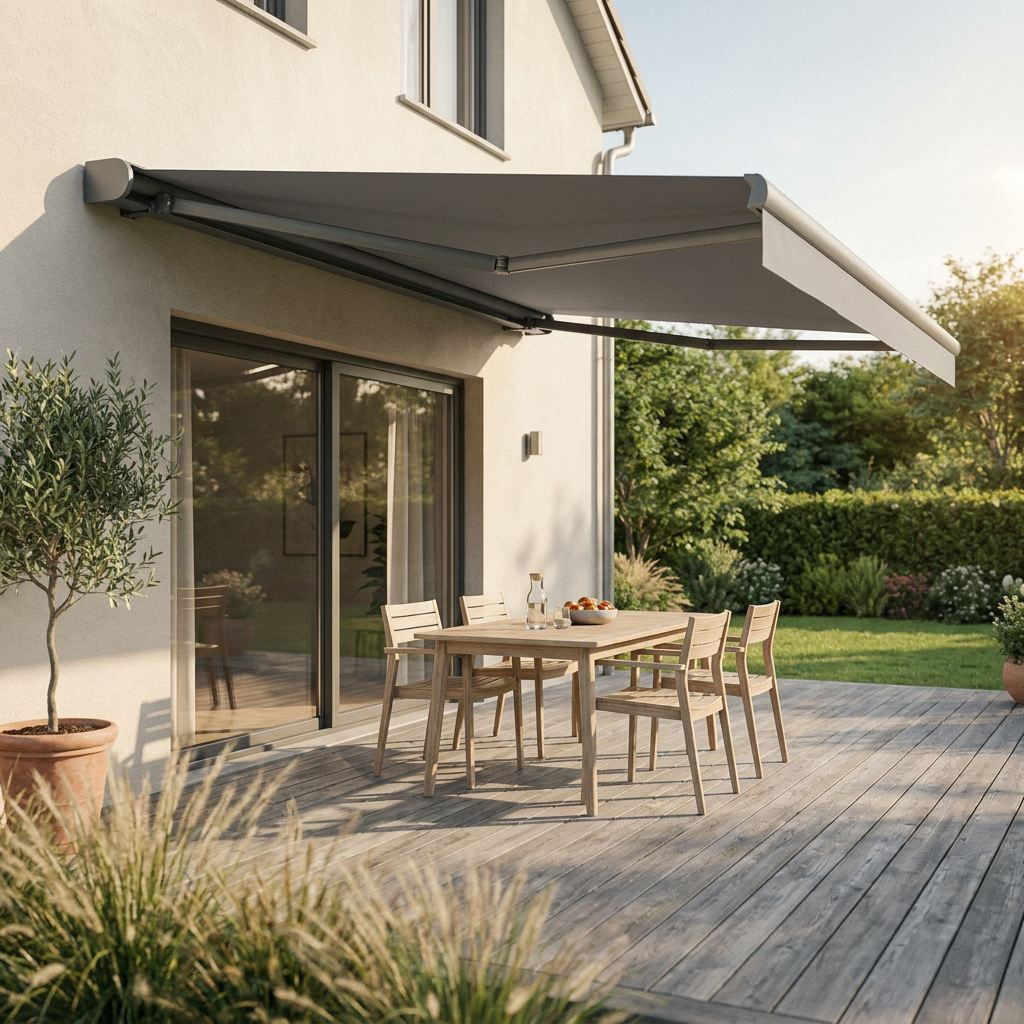 Store banne motorisé anthracite déployé au-dessus d'une terrasse en bois avec table de repas