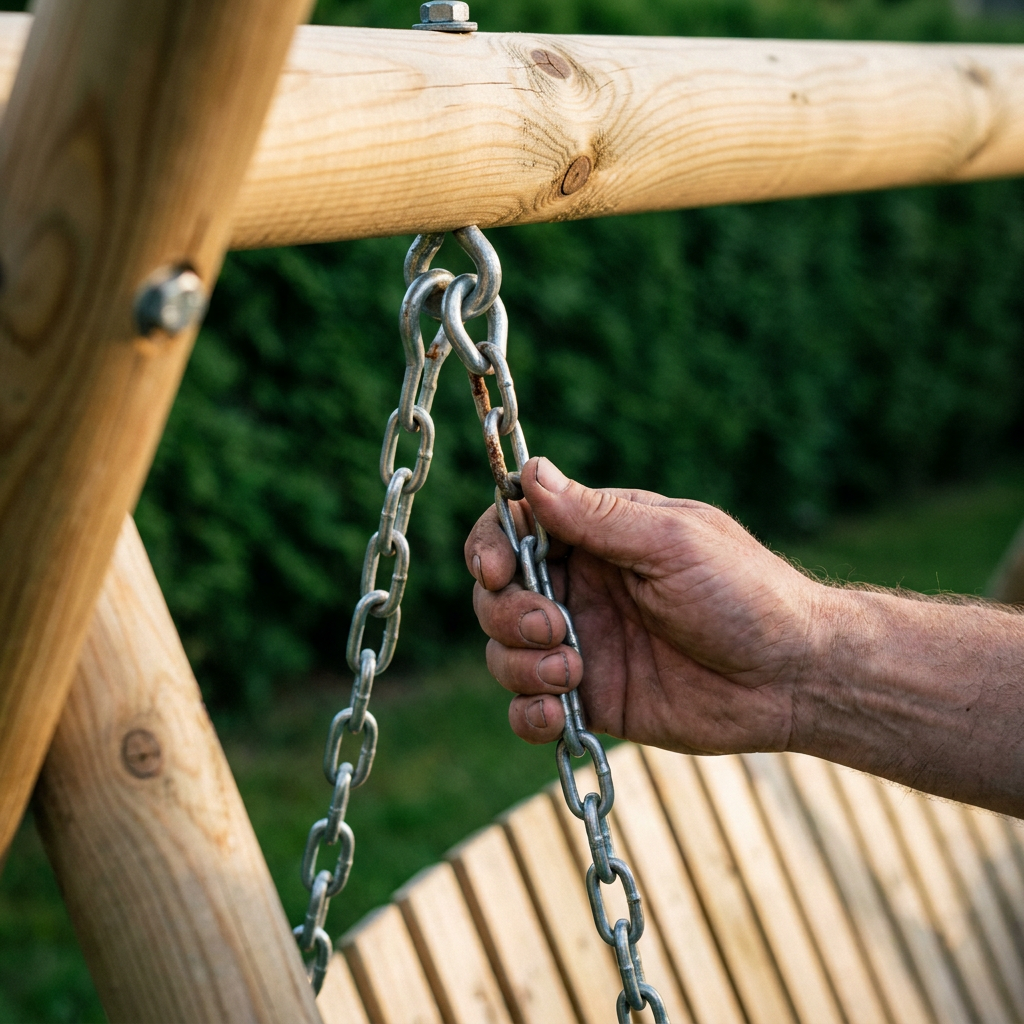 Main inspectant un maillon de la chaîne de suspension d'une balancelle en bois avant l'achat d'occasion