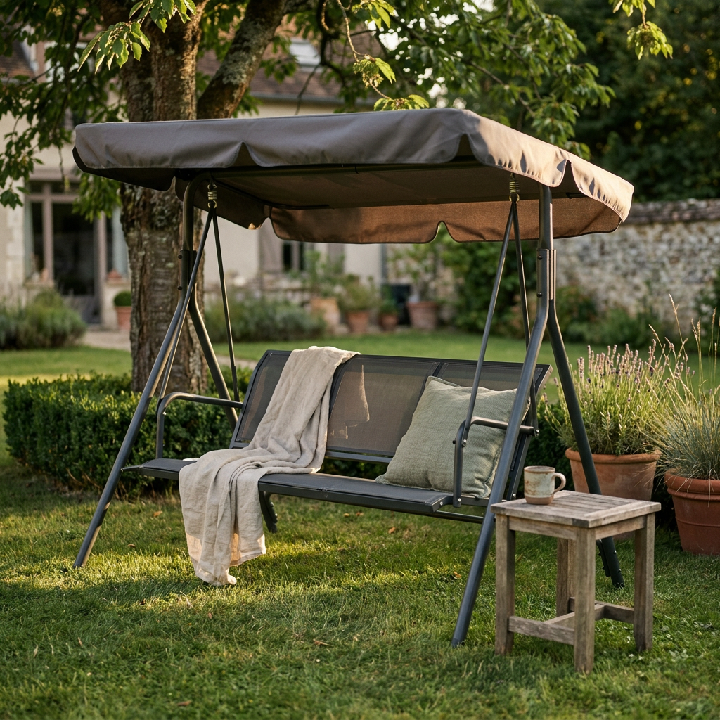 Balancelle 3 places en acier anthracite installée sur la pelouse d'un jardin, plaid et coussin sur l'assise