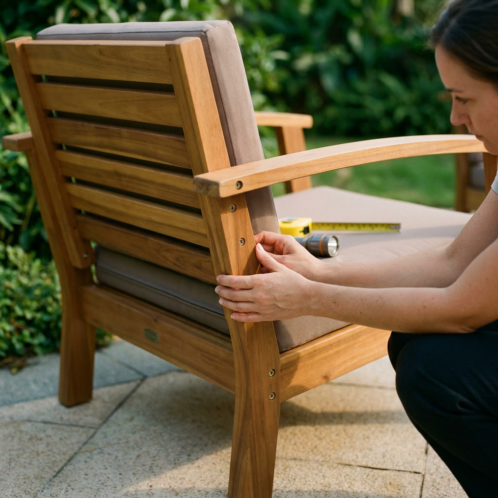 Mains vérifiant l'assemblage sous l'accoudoir d'un fauteuil en eucalyptus, inspection d'un meuble de jardin d'occasion