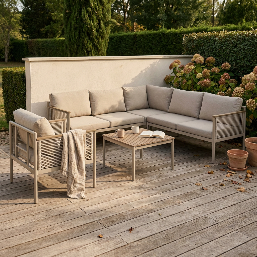 Salon d'angle en aluminium sable sur une terrasse en bois, exemple de mobilier de jardin d'occasion bien conservé