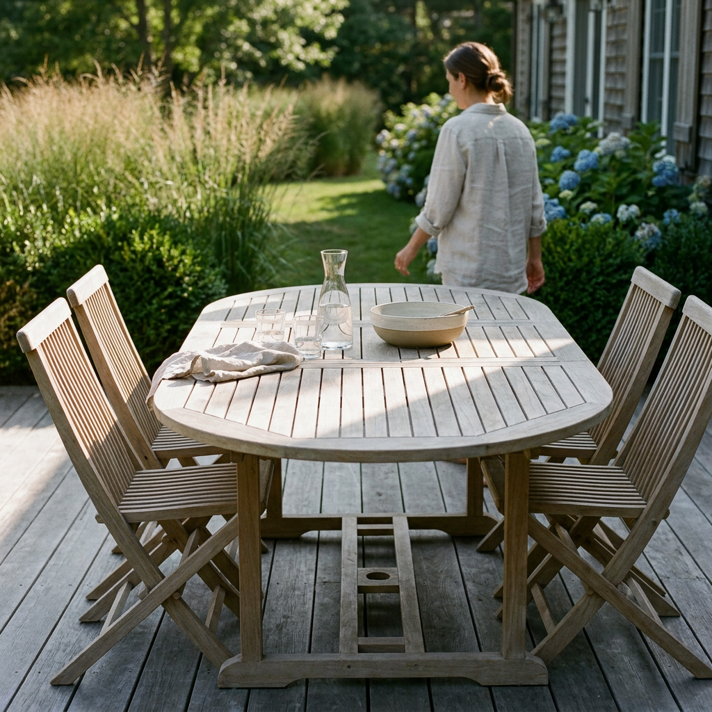 Salon de jardin en teck patiné installé sur une terrasse en bois, exemple de mobilier d'occasion qui dure