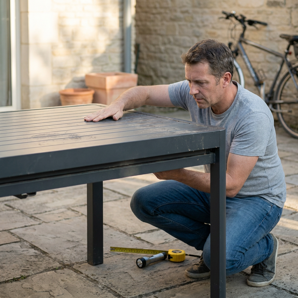 Acheteur accroupi vérifiant la structure d'une table de jardin en aluminium lors de l'inspection avant achat