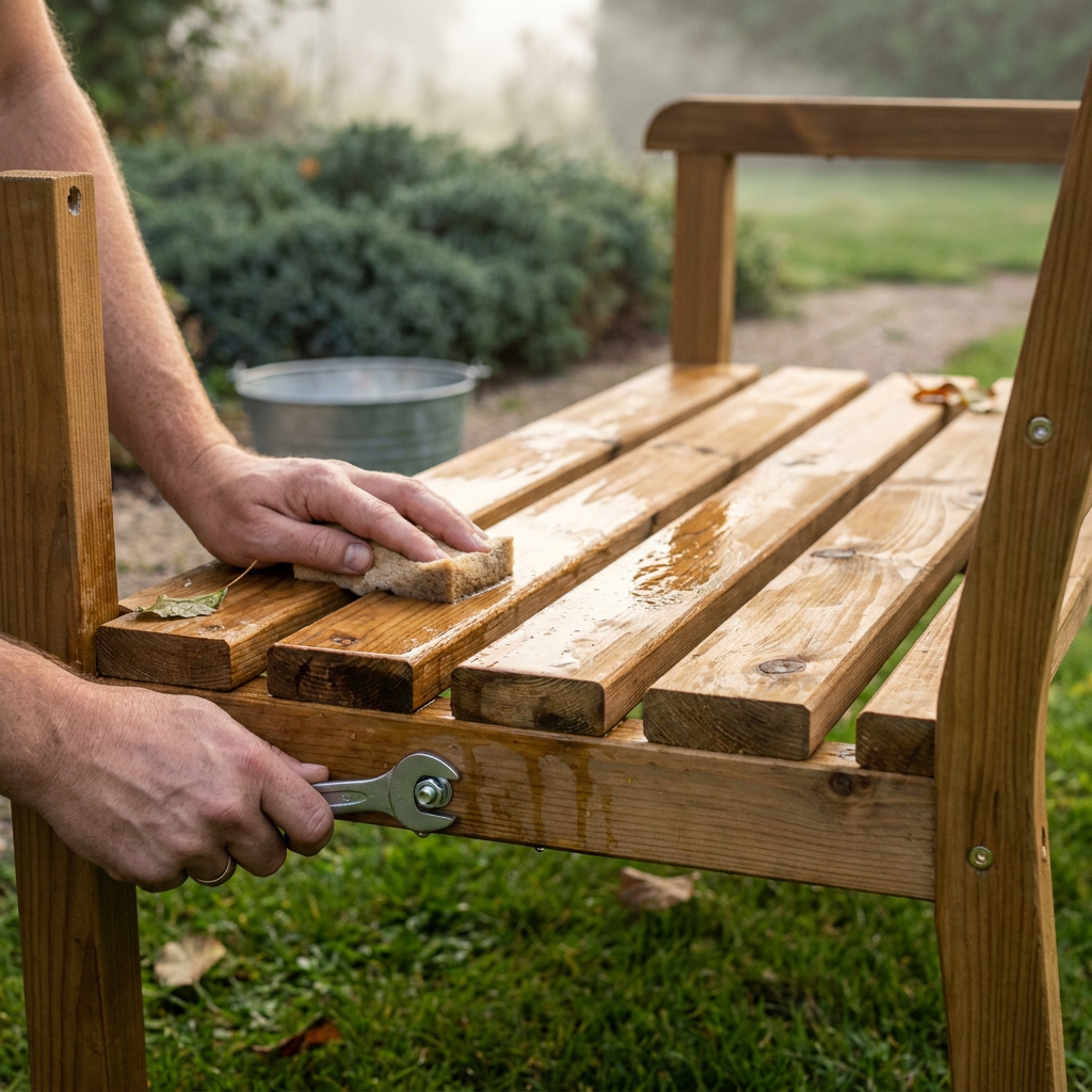 Nettoyage des lattes d'un banc de jardin en pin et resserrage de la visserie avant de le donner à une association