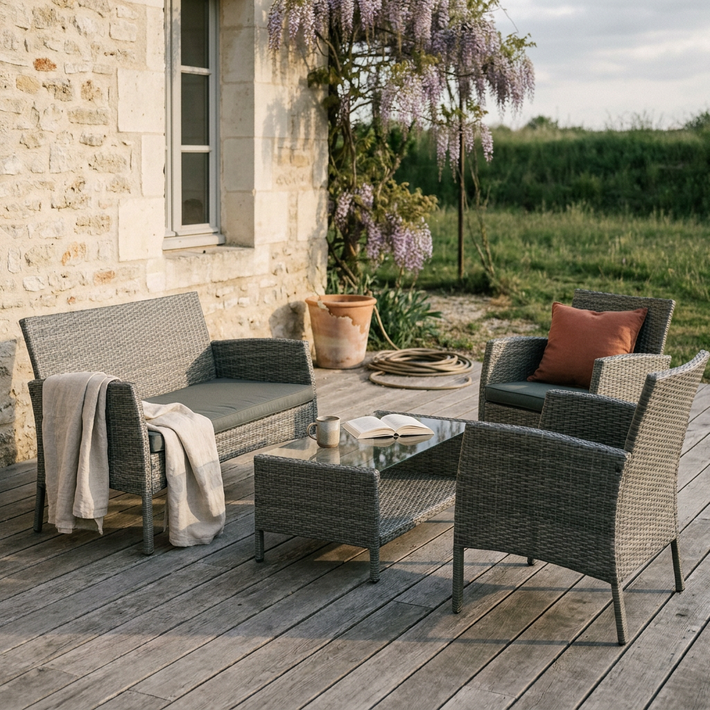Salon bas en résine tressée grise installé sur une terrasse en bois, mobilier de jardin en bon état à donner