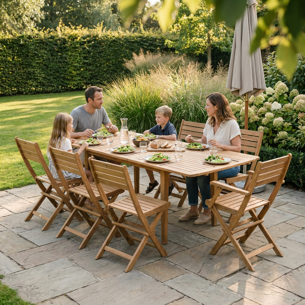 Famille attablée autour d'un salon de jardin en bois teck, scène qui valorise l'annonce