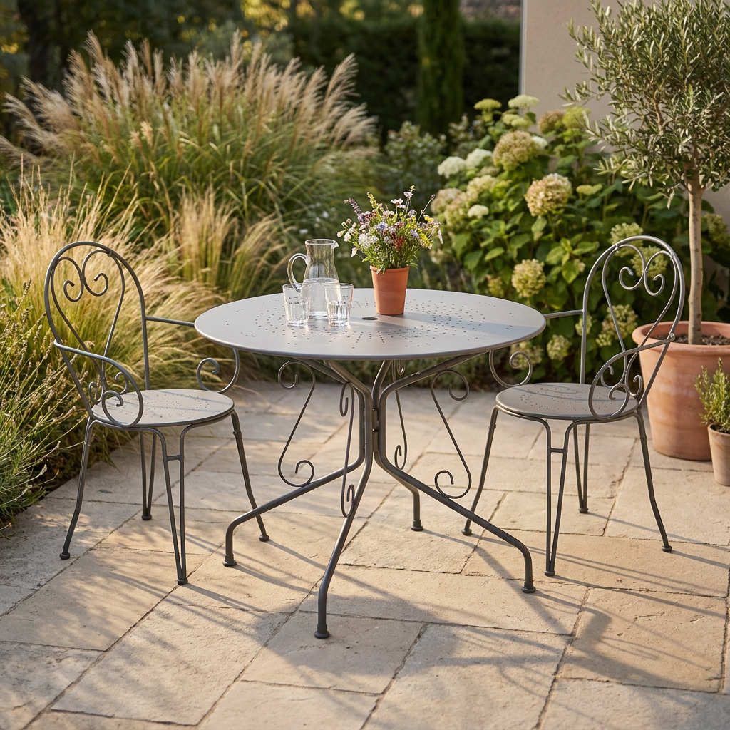 Table de jardin en fer forgé gris dressée sur une terrasse, prête pour la vente d'occasion