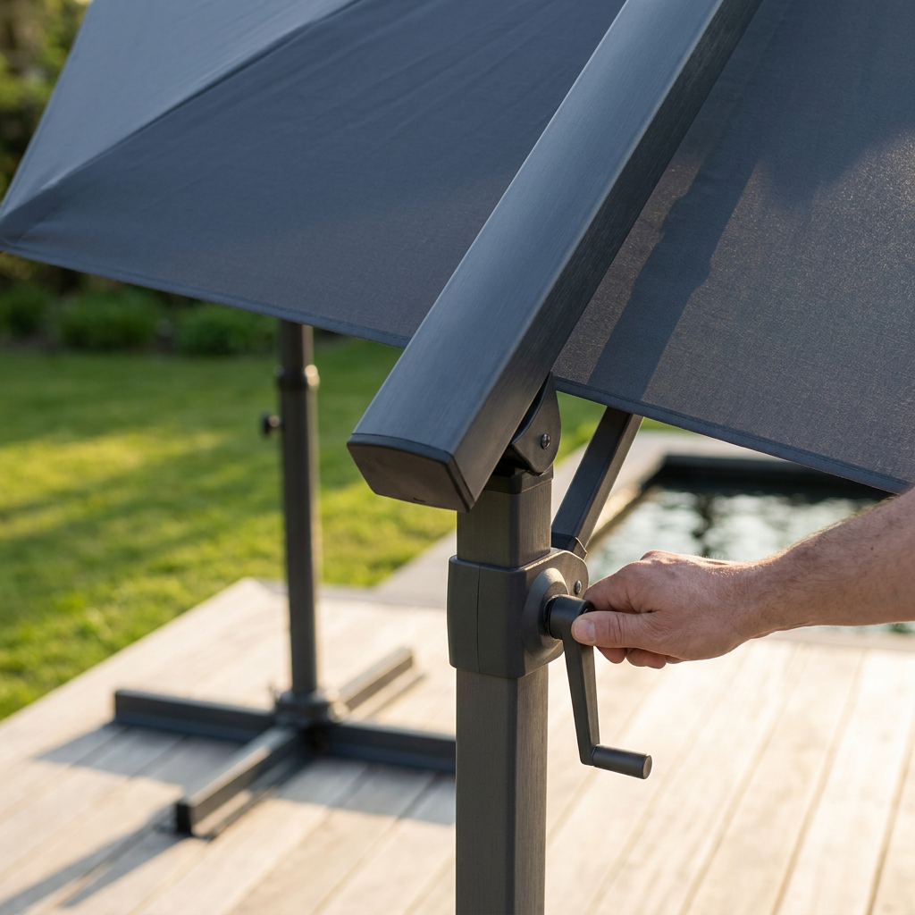 Main ouvrant la manivelle d'un parasol déporté en aluminium, détail d'état à montrer dans une annonce