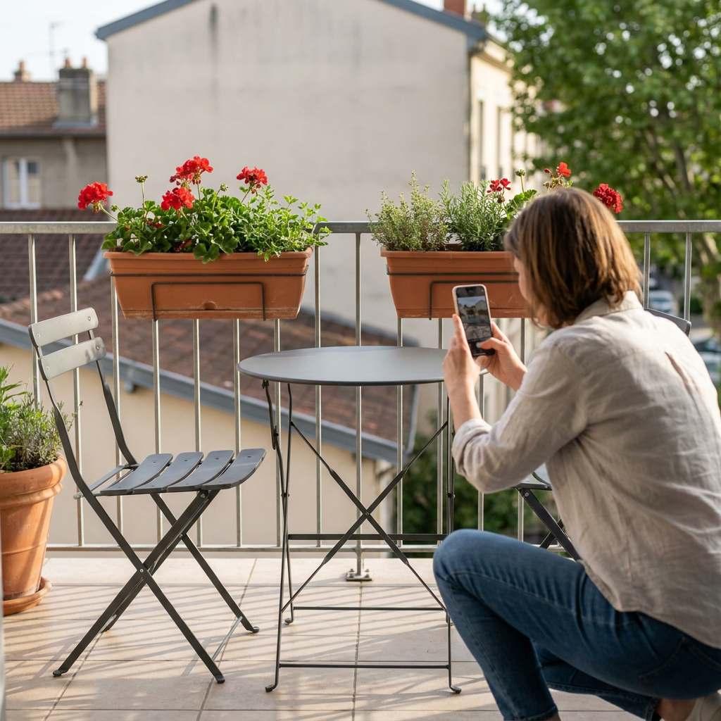 Vendeuse photographiant son set bistrot pliant sur un balcon pour illustrer son annonce de mobilier de jardin