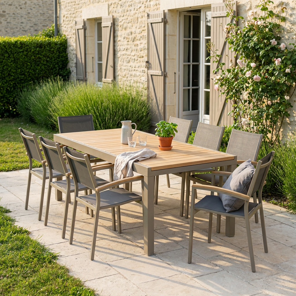 Salon de jardin en aluminium et bois installé sur une terrasse en pierre, prêt pour une annonce de vente