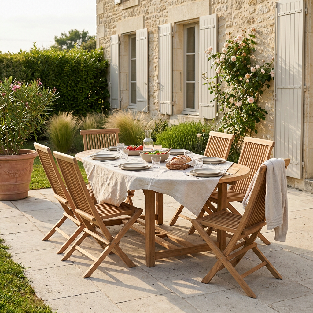 Salon de jardin en teck BORNEO dressé sur une terrasse en pierre, mobilier qui garde sa valeur de revente