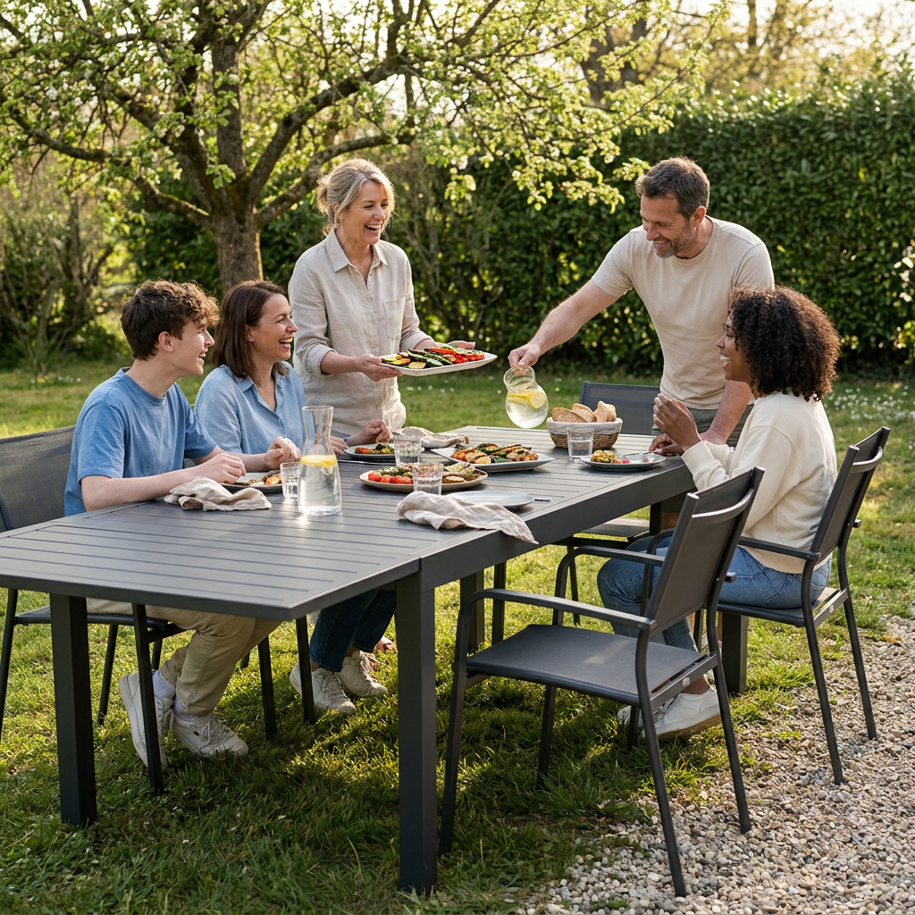 Repas de famille autour du salon de jardin aluminium MALAGA et BILBAO, ensemble complet mieux valorisé à la revente