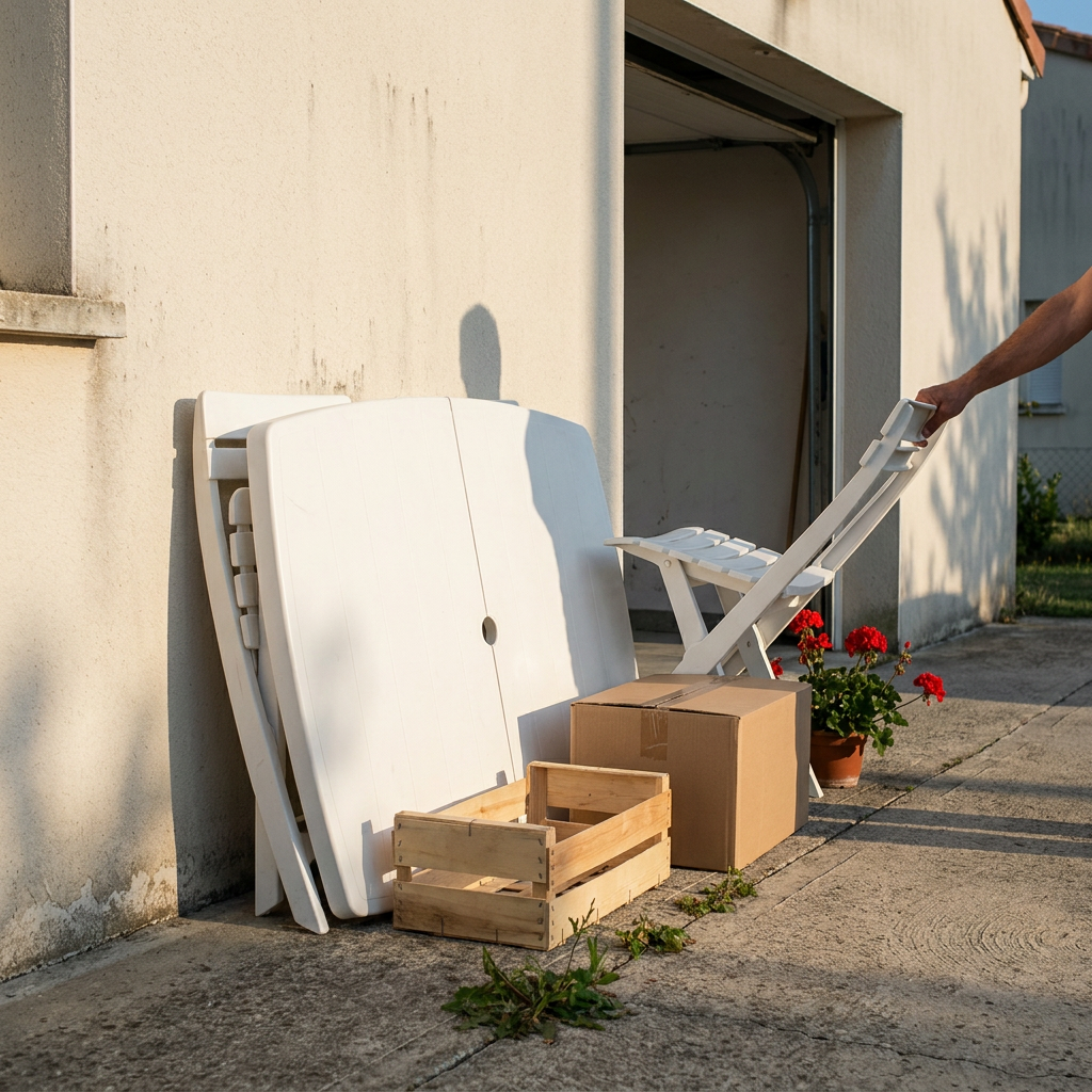 Salon de balcon VEGA plié contre un mur près d'un garage, mobilier de jardin prêt à être donné pour libérer la place