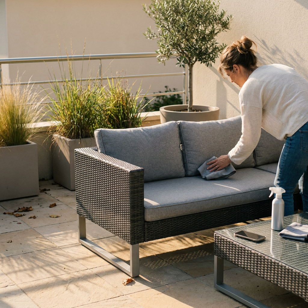 Nettoyage du salon bas MIRINA en résine tressée avant de photographier son mobilier de jardin pour la vente