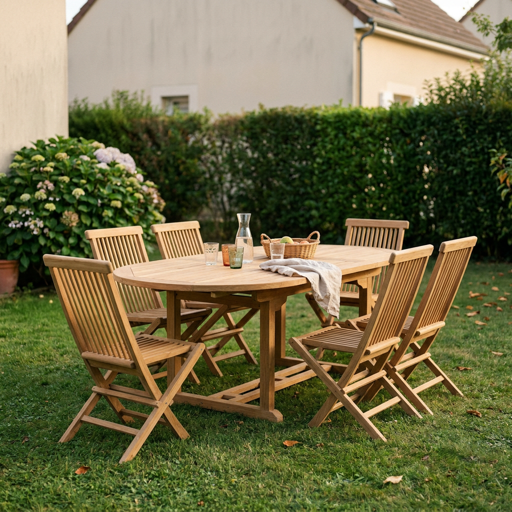 Salon de jardin en teck BORNEO dressé sur une pelouse, mobilier en bon état qui garde sa valeur à la revente