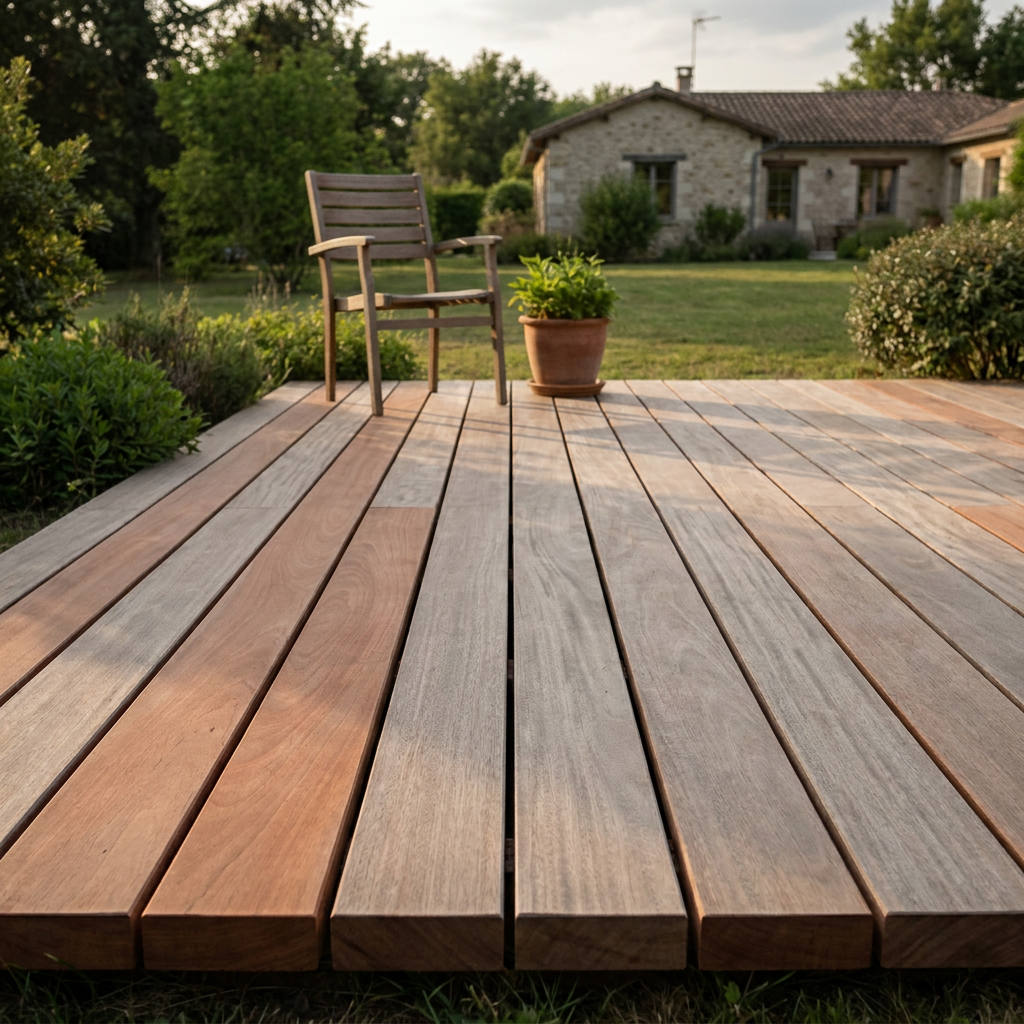 Terrasse en lames de bois exotique mukulungu grisées dans un jardin, matériau au fort potentiel de réemploi