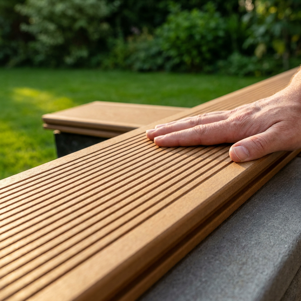Main posée sur une lame de terrasse composite teck rainurée, un profil figé qui se réemploie difficilement