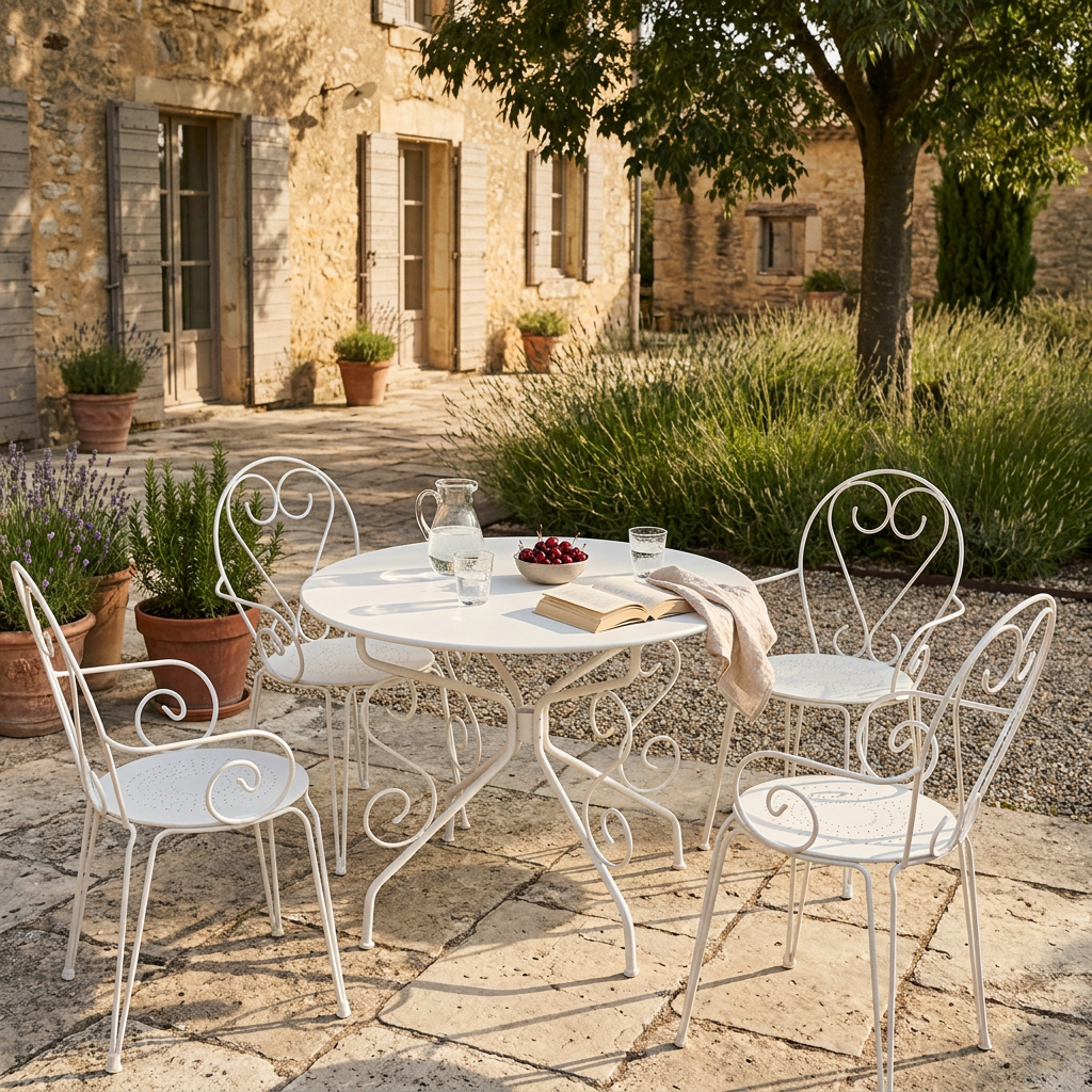 Salon de jardin en acier blanc de style fer forgé installé sur une terrasse en pierre à l'ombre d'un arbre