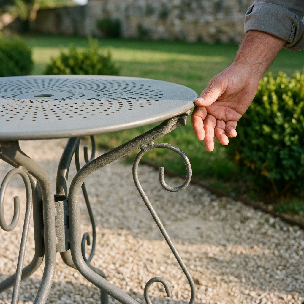 Main inspectant la soudure du piètement à volutes d'une table de jardin en fer forgé gris posée sur gravier