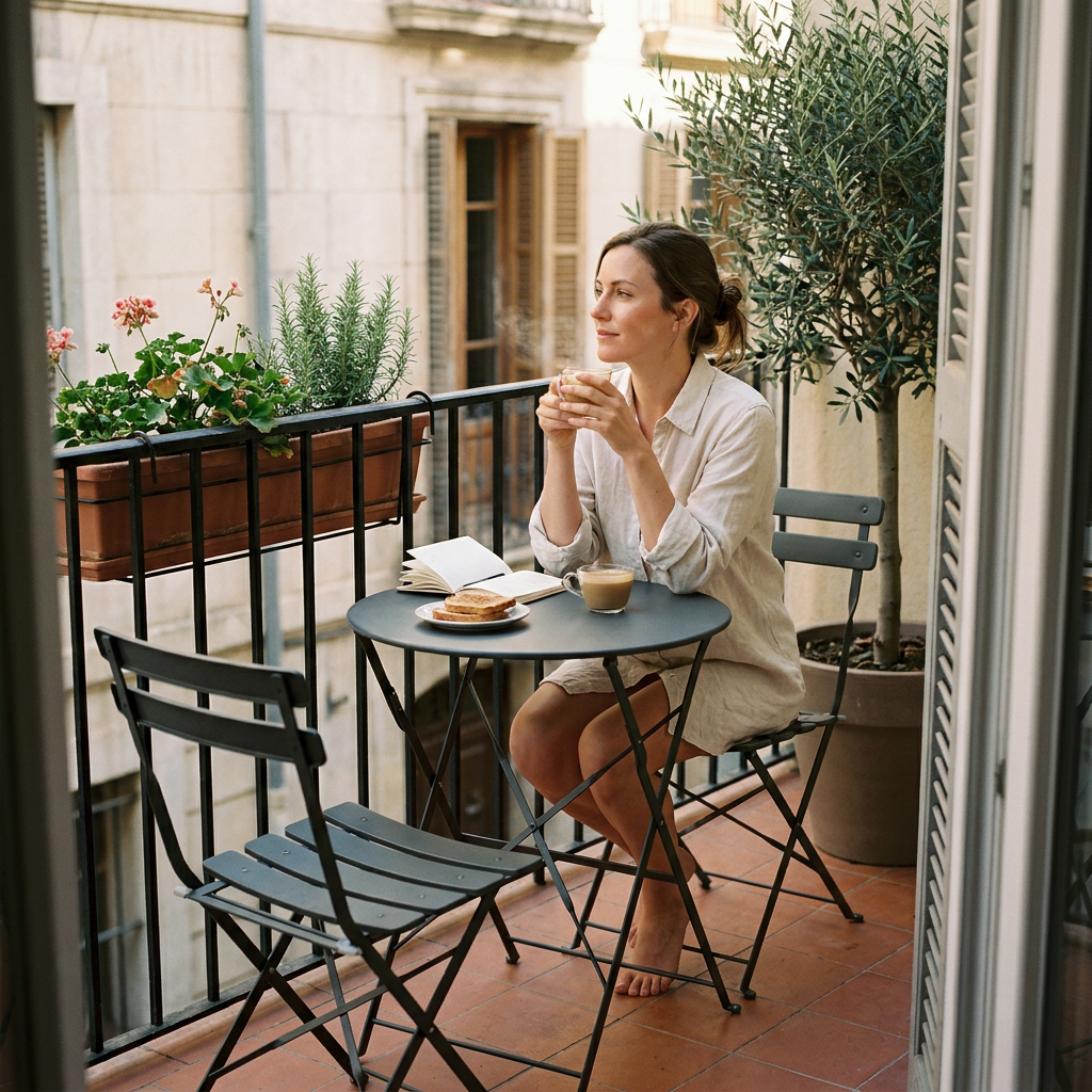 Femme prenant son café à une table bistrot en métal anthracite sur un balcon, chaises pliantes assorties