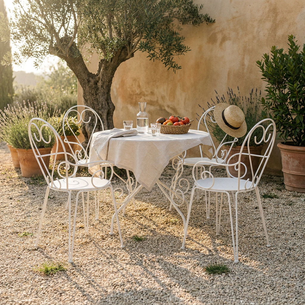 Salon de jardin en acier blanc façon fer forgé sur terrasse gravillonnée, table ronde et quatre fauteuils assortis