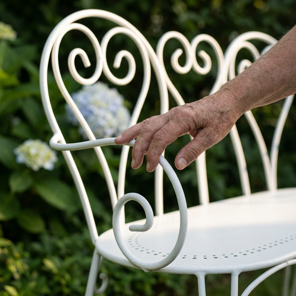 Main posée sur l'accoudoir d'un banc en fer forgé blanc, dossier ajouré visible lors d'une inspection avant achat
