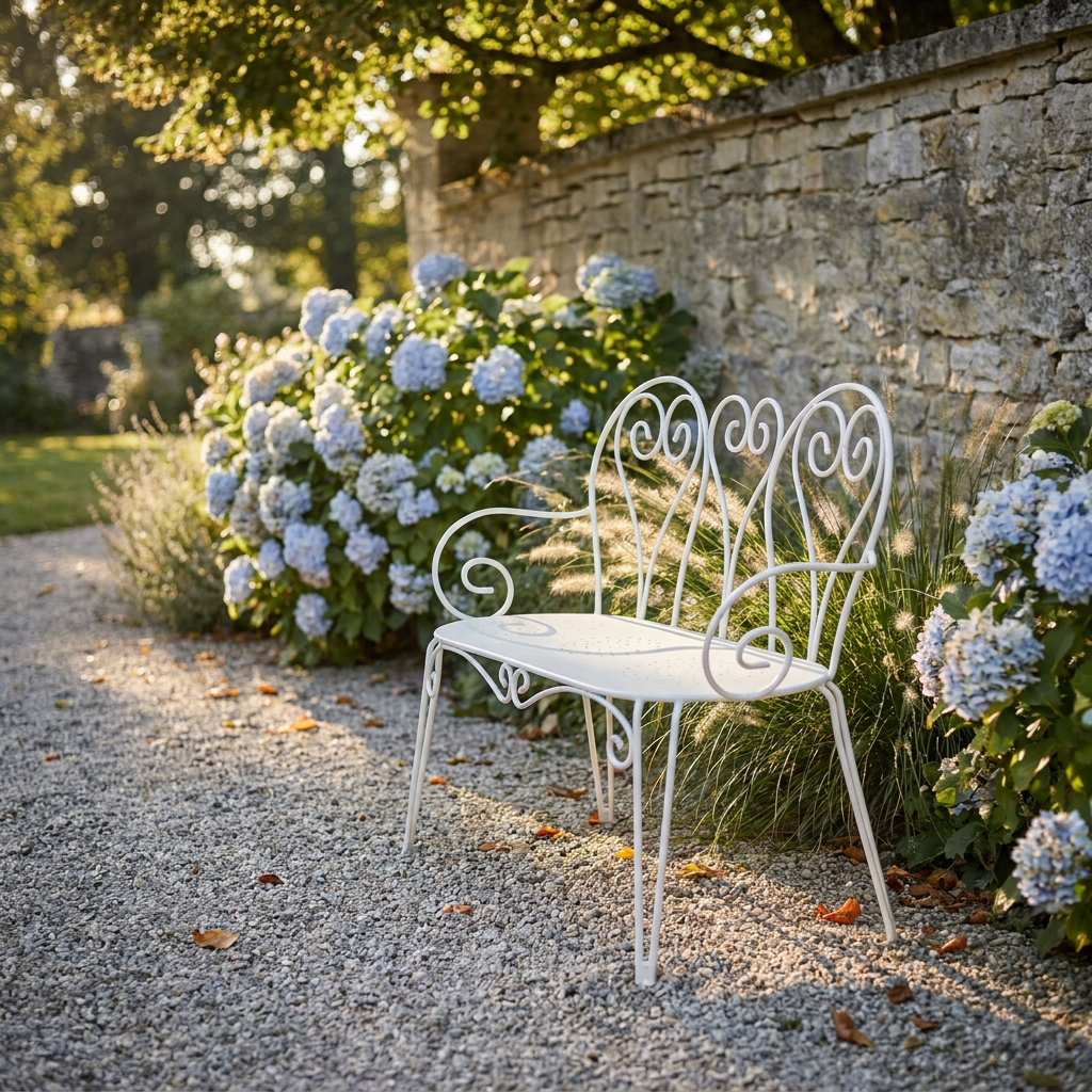 Banc de jardin en fer forgé blanc installé le long d'une allée gravillonnée devant un mur de pierre ancienne