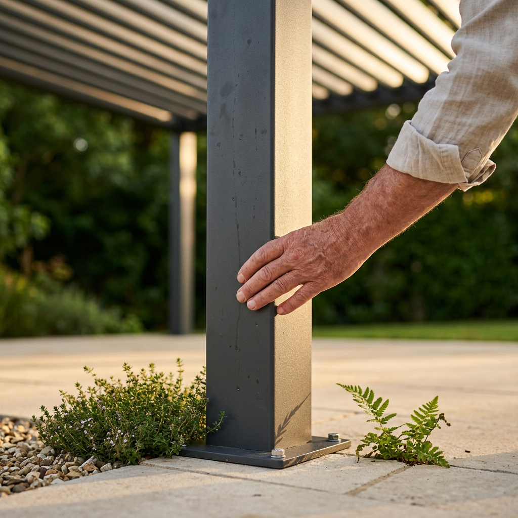 Gros plan sur le pied et la platine de scellement d'une pergola en acier, contrôle de la structure porteuse