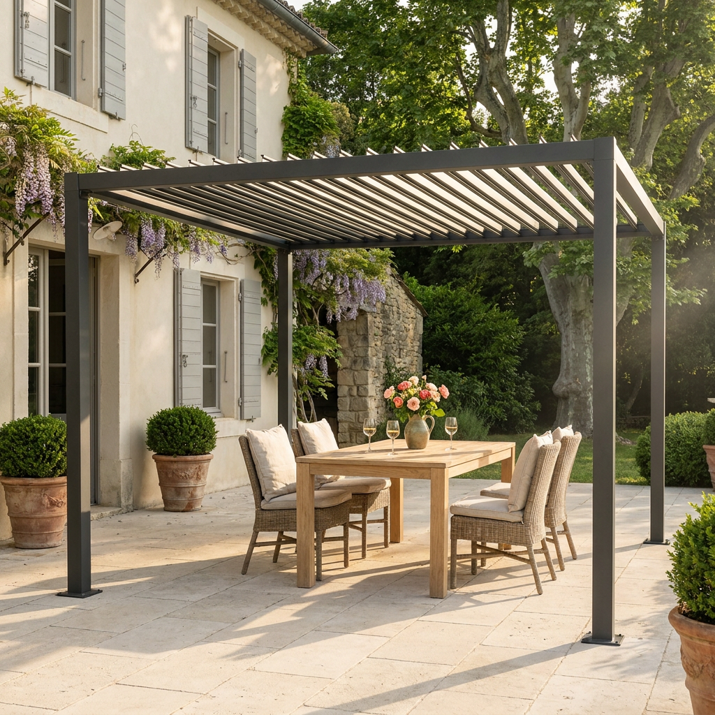 Pergola bioclimatique en acier anthracite installée sur une terrasse en pierre, coin repas ombragé au jardin