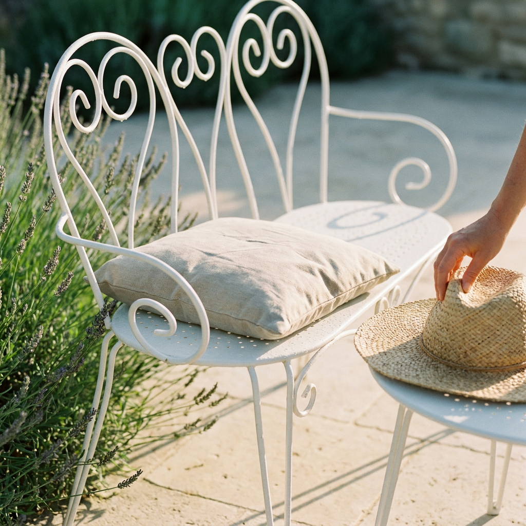 Galette d'assise déperlante posée sur un fauteuil de jardin ajouré, détail du dossier à volutes façon fer forgé