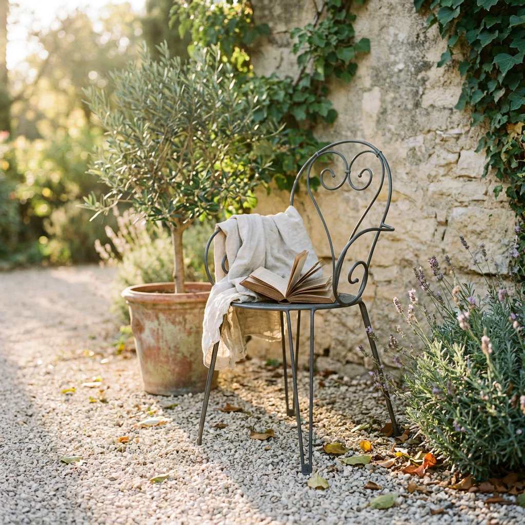 Fauteuil de jardin en acier ajouré style fer forgé ancien, installé sur une allée de gravier au pied d'un mur de pierre
