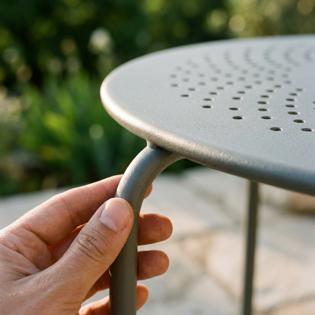 Main inspectant la surface et la jonction d'une table de jardin en métal gris pour authentifier du fer forgé