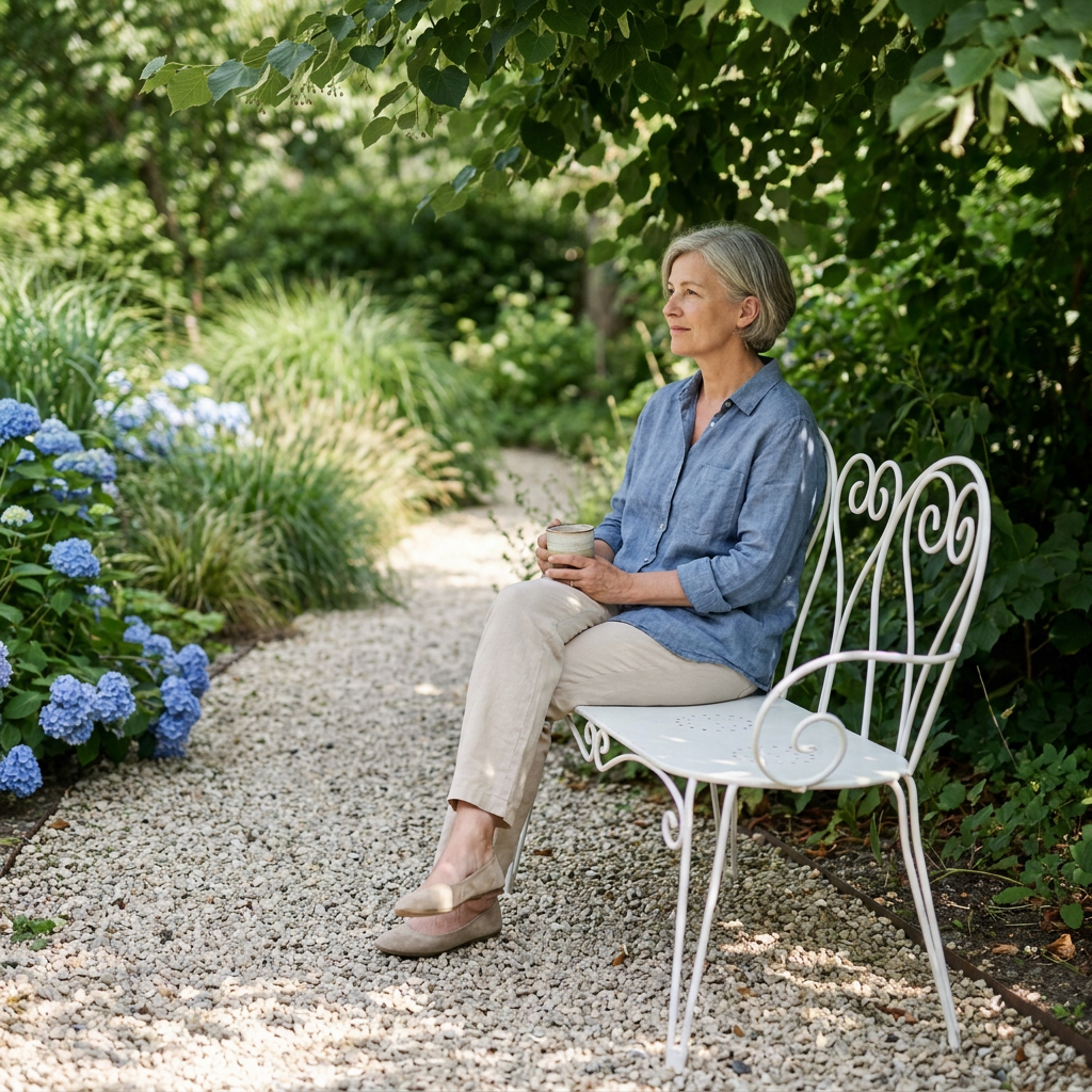 Femme assise sur un banc de jardin en acier blanc à dossier ajouré, imitation fer forgé, dans un jardin ombragé